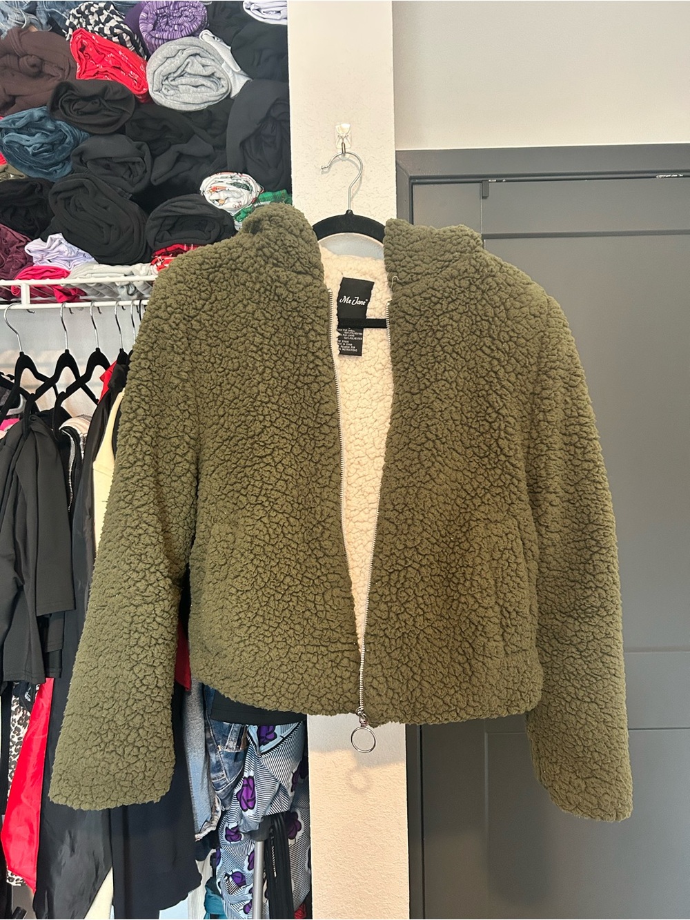 Me Jane Olive Green Teddy Sherpa Zip Jacket